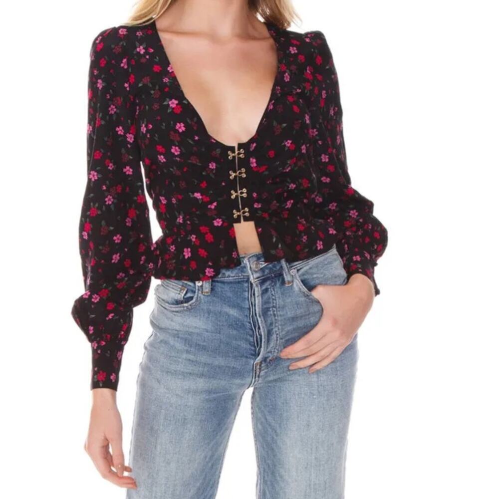 For Love & Lemons Pink & Black Isabella Ruched V Neck Top Size XS